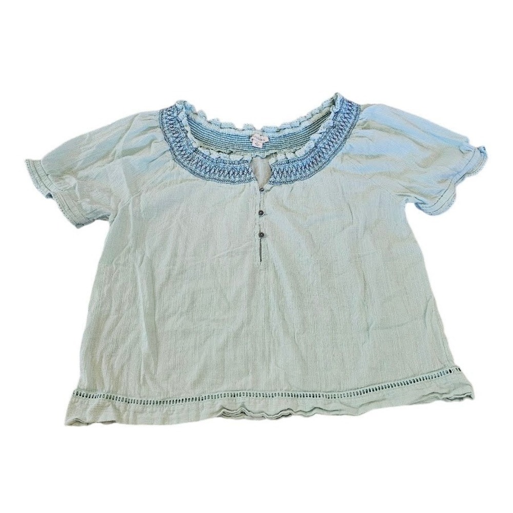 Sundance Women Blue Green Cotton Gauze Smocked Embroidered Boho Blouse Large